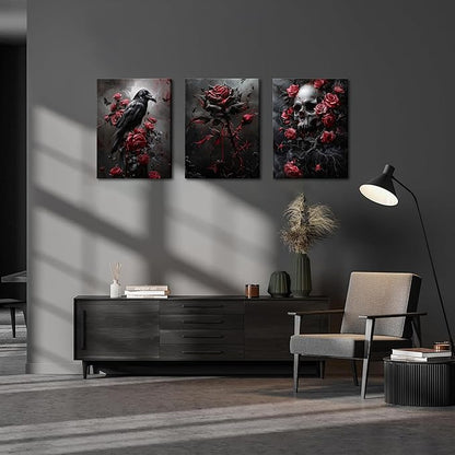 Gothic Canvas Wall Art Set of 3, Romantic Rose Halloween Wall Decor Paintings, Dark Goth Crow Skull Posters Prints for Bathroom Living Room Gallery Home Decor 16x24In Framed