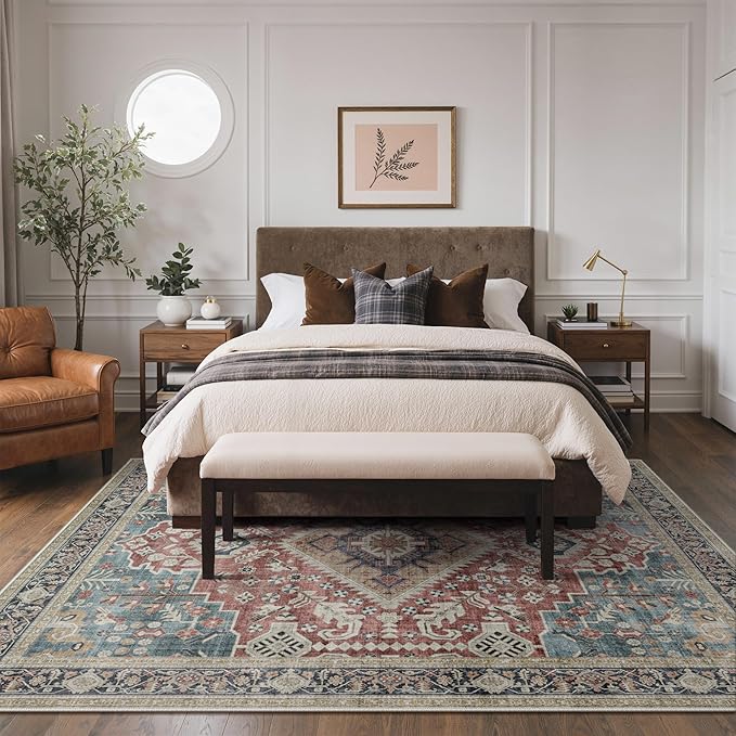 GENIMO 8X10 Washable Vintage Area Rugs for Living Room, Non-Slip Low Pile Chenille Print Rug, Soft Rugs for Bedroom Dining Room Home Office, Indigo & Flush