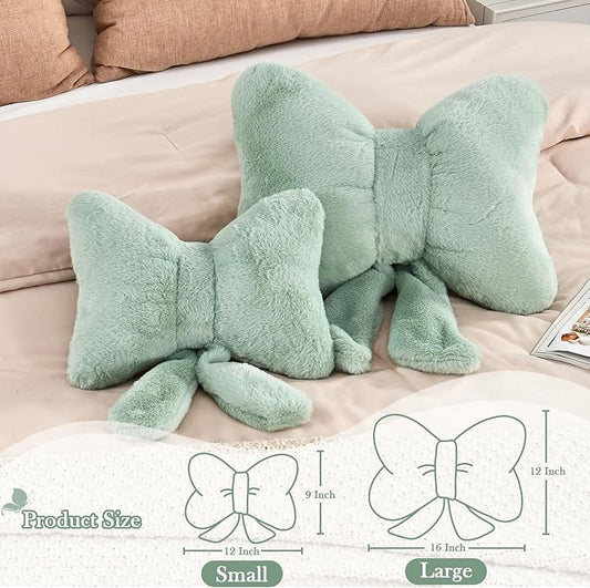 XVTRU Sage Green Bow Pillow, Soft Bow Decorative Pillows with Faux Rabbit Fur, Cute 12" Bow Throw Pillows, Aesthetic Home Decor Bow Shaped Plush Pillow for Bedroom Sofa Couch