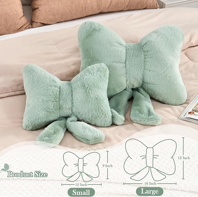 XVTRU Sage Green Bow Pillow, Soft Bow Decorative Pillows with Faux Rabbit Fur, Cute 16" Bow Throw Pillows, Aesthetic Home Decor Bow Shaped Plush Pillow for Bedroom Sofa Couch