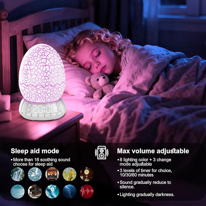 Dinosaur Egg Kids Clock/Decorative Lamp/Night Light/Bluetooth Speaker/White Noise Lullaby Machine 4 in1, 11 Colors Touch, Creative Gifts for Boys/Girls/Adult