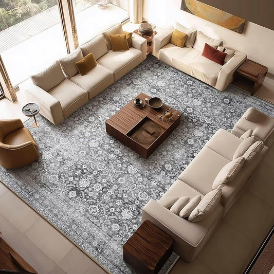 Washable 10x14 Area Rugs for Living Room, Boho Non-Slip Vintage Distress Large Rugs for Bedroom Dining Room Office, 0.3" Neutral Oriental Throw Thin Carpet, Grey/Multi, C5