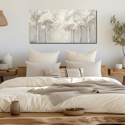 ANCXWOTER Large Forest Wall Art for Living Room Light Grayish-White Misty Birch Tree Picture for Bedroom Office Modern Landscapes Canvas Prints Ready to Hang 20x40 Inch（This color is a kind of light beige with a hint of gray, misty and dim.）