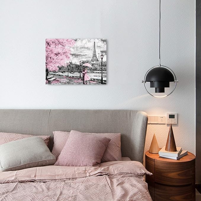 Paris Decor for Bedroom Canvas Wall Art Pink Theme Girls Room Wall Decor Black and White Eiffel Tower Pictures for Bathroom Wall Decor Modern Artwork for Wall Art Framed Wall Decoration Size 12x16
