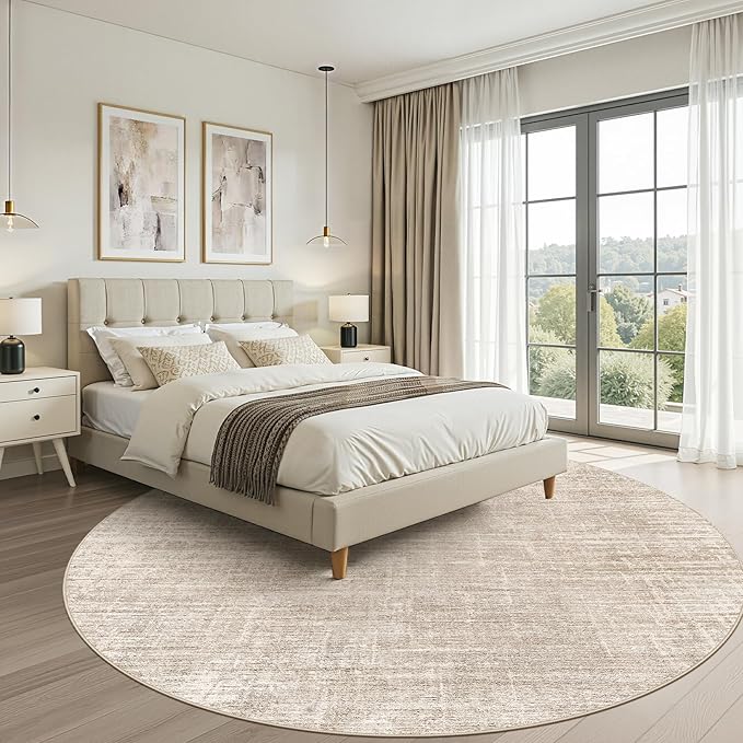 8ft Round Rug Living Room: 8x8 Washable Large Neutral Beige Circle Area Rug Abstract Soft Modern Stain Resistant Indoor Floor Non-Slip Carpet for Bedroom Nursery Kids Office Playroom Dining Room