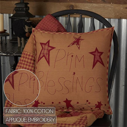 VHC Brands Ninepatch Star Prim Blessings Pillow 12x12 Country Bedding Accessory, Burgundy