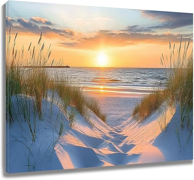 LB Coastal Beach Sunset Wall Art Ocean Nature Landscape Seaside Canvas Wall Art Green Grass Plant Wall Decor for Bedroom Bathroom Living Room Framed Ready to Hang 12L x 16W