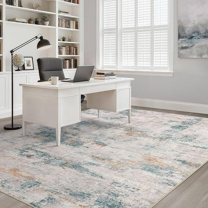 8x10 Area Rugs Living Room: Washable Large Neutral Aqua Brown Rug Abstract Soft Modern Stain Resistant Indoor Floor Non-Slip Carpet for Bedroom Nursery Kids Office Playroom Dining Room Under Table