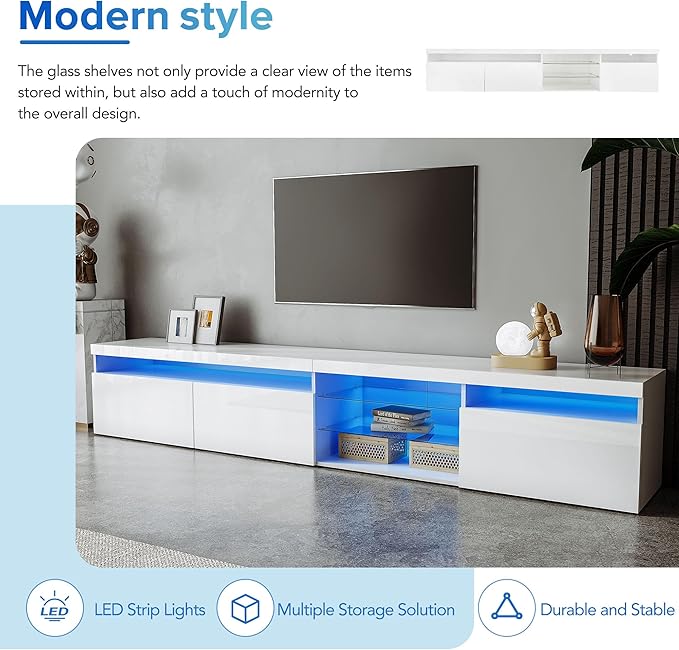 Merax Unique Design TV Stand with 2 Glass Shelves and LED Color Changing Lights, Ample Storage Space Media Console for Television Up to 100", Versatile Cabinet for Living Room, White