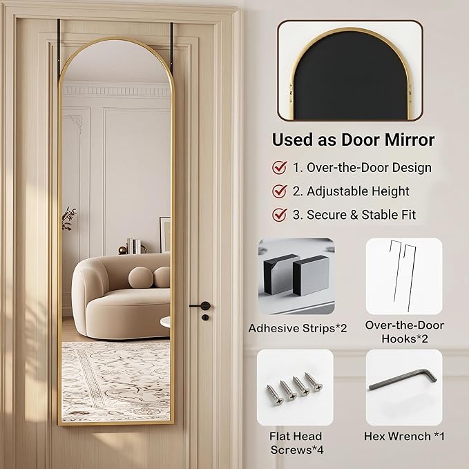 Antok Full Length Over-the-Door Hanging Mirror - Freestanding Wall Mount Leaning Body Mirror for Bedroom Living Room Entryway, 48" L x 14" W, Gold