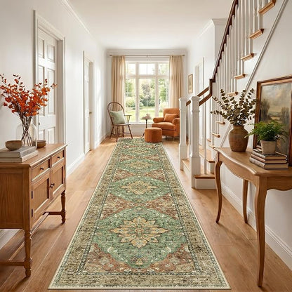 RELEANY Area Rugs 3'x20' Runner Rug Non Slip Washable for Kitchen Hallway Bedroom Beside Laundry Room Bathroom Rug, Floor Carpet, Brick Red Rust Neutral Brown Burnt Orange Green