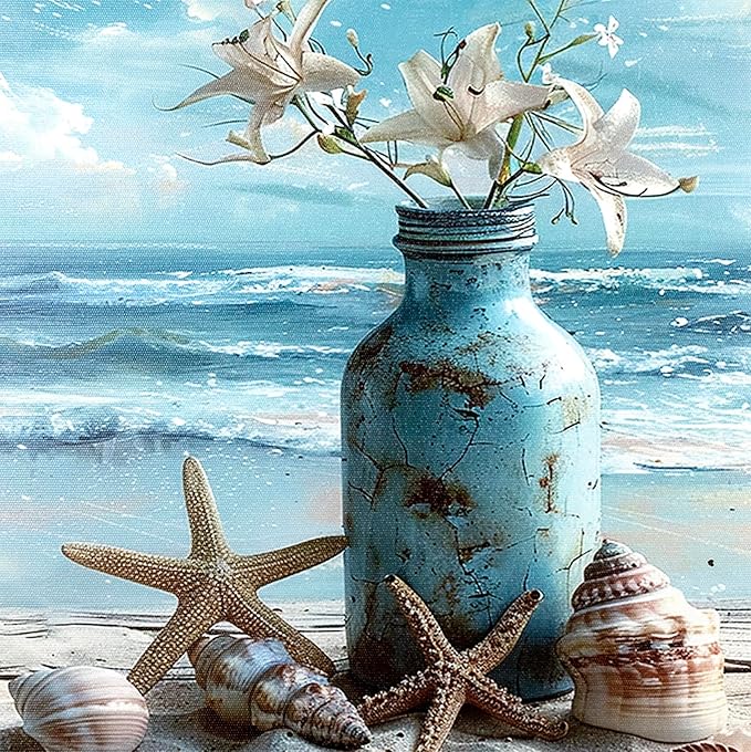 LB Beach Coastal Wall Art Starfish with White Flower in Vintage Vase on Teal Beach Wall Art Beach Scene Canvas Wall Decor for Living Room Bedroom Bathroom Office Framed Ready to Hang 16L x 20W