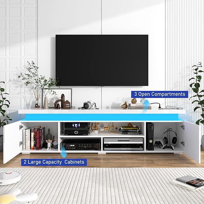 Hlivelood LED TV Stand for 85 Inch TV, Modern TV Stand with Power Outlet, High Gloss TV Console Entertainment Center with Storage and LED Lights for Living Room, Bedroom (73 Inch, White)