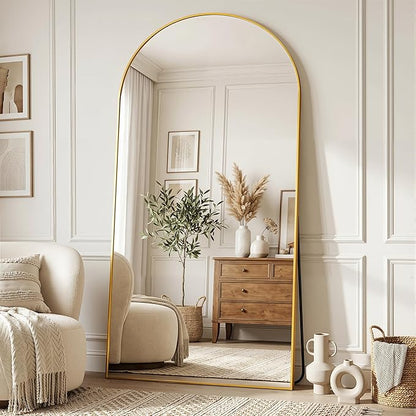 Full Length Mirror, 78"x38" Arched Floor Mirror Freestanding, Floor Standing Full Body Mirror with Stand for Bedroom, Hanging Mounted for Living Room Cloakroom, Gold
