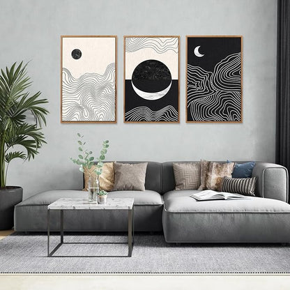 CHDITB Abstract Moon Phases Framed Canvas Art Prints Set(16"x24"), 3 Panels Modern Neutral Black and White Artwork Painting, Large Boho Minimalist Fine Line Wall Art Home Decor for Bedroom Living Room