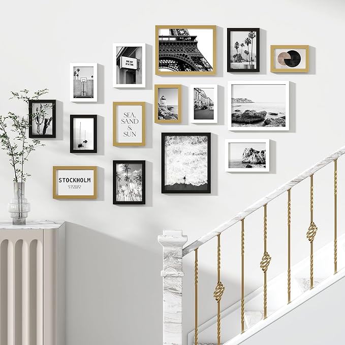 Venusmiles 15 Pack Picture Frames Collage Wall Decor, Gallery Frame Set for Wall Mounting or Tabletop Display, Multi Sizes Including 3pcs 8x10, 6pcs 5x7, 6pcs 4x6, Black+White+Gold