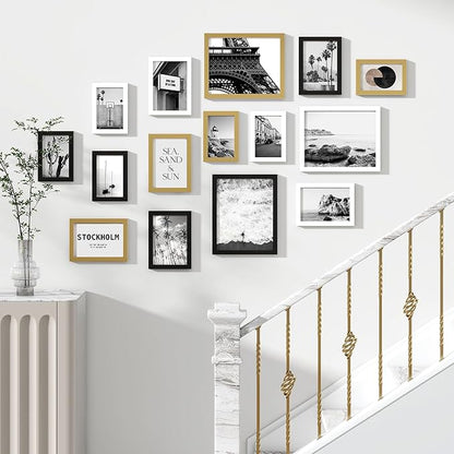 Venusmiles 15 Pack Picture Frames Collage Wall Decor, Gallery Frame Set for Wall Mounting or Tabletop Display, Multi Sizes Including 3pcs 8x10, 6pcs 5x7, 6pcs 4x6, Black+White+Gold