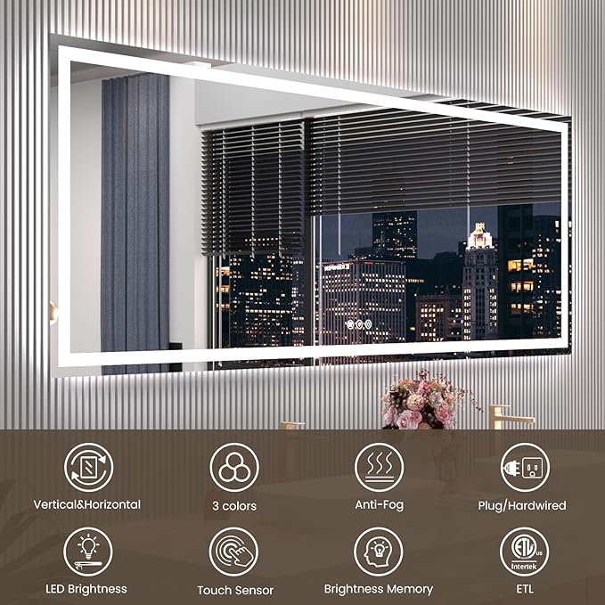 Snowdool 88"X38" LED Bathroom Mirror with Front Lights and Backlit, Anti-Fog, Dimmable, Shatter-Proof Tempered Glass, Lighted Bathroom Vanity Mirror for Wall with 3 Colors, Memory Function