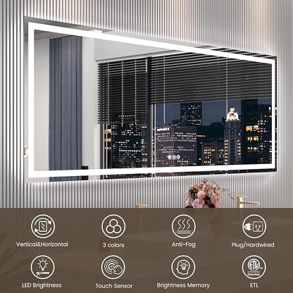Snowdool 84"X40" LED Bathroom Mirror with Front Lights and Backlit, Anti-Fog, Dimmable, Shatter-Proof Tempered Glass, Lighted Bathroom Vanity Mirror for Wall with 3 Colors, Memory Function