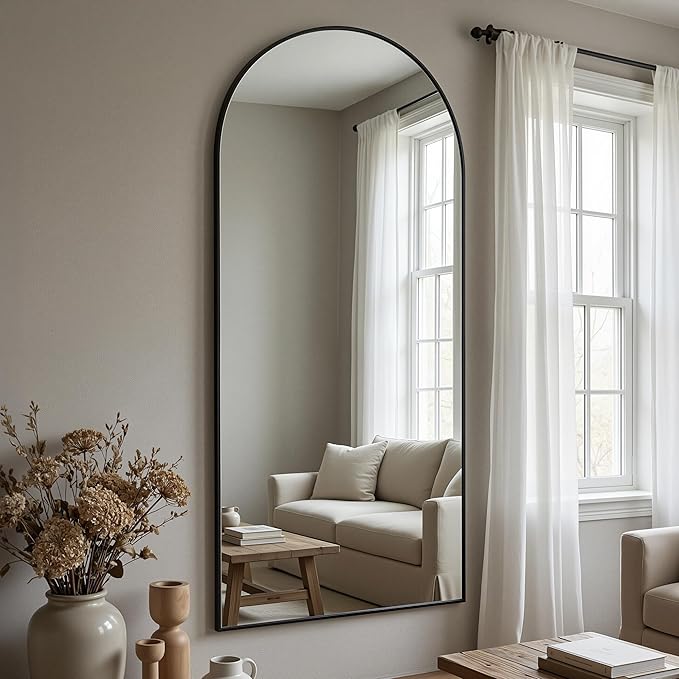 Antok Full Length Floor Mirror Arched Standing Mirror with Aluminum Frame - Freestanding Wall Mount Leaning Body Mirror for Bedroom Living Room Entryway, 71" L x 28" W, Black