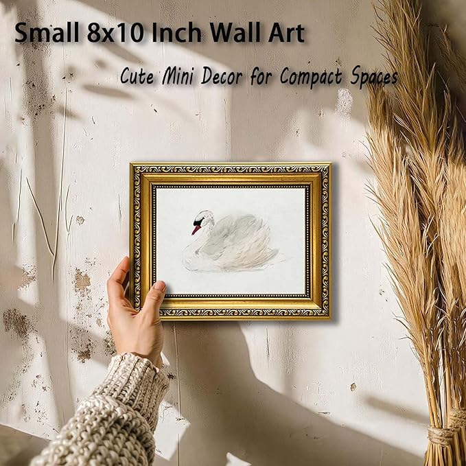 YD&YZY Gold Framed Vintage Wall Art Classic Swan Canvas White Swan Wall Decor Rustic Farmhouse Watercolor Retro Art Painting Picture Print Artwork for Bedroom Bathroom 8x10 inch Small Framed