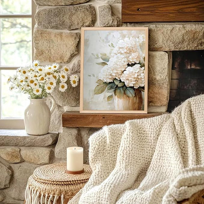 Framed Hydrangea Wall Art, White Floral Botanical Wall Decor Pictures, Vintage Flower Canvas Prints Paintings Farmhouse Aesthetic Home Decor for Living Room Bedroom Bathroom Kitchen 8x10 inch