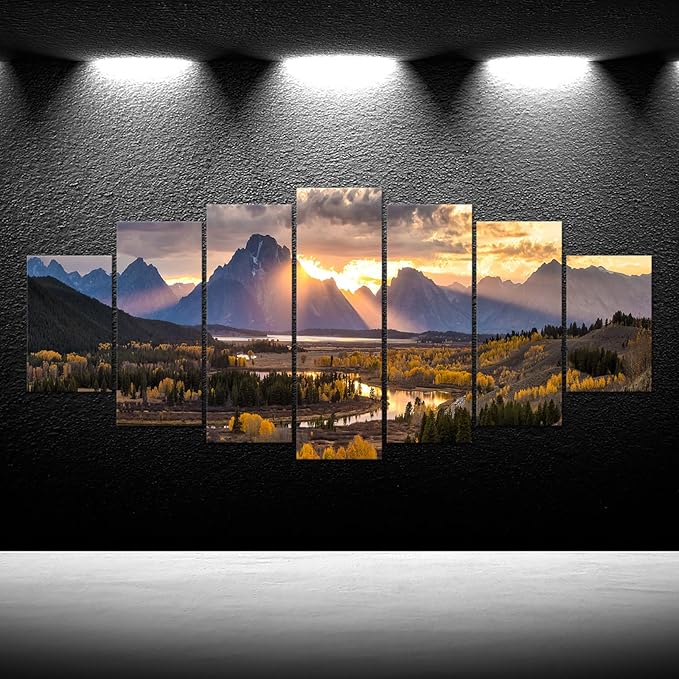 iKNOW FOTO XLarge Canvas Set of 7 Wall Art Grand Teton National Park in Autumn in Wyoming USA Landscape Picture Prints Painting Scenery Wall Decor for Home Decorations 70x32 Inches