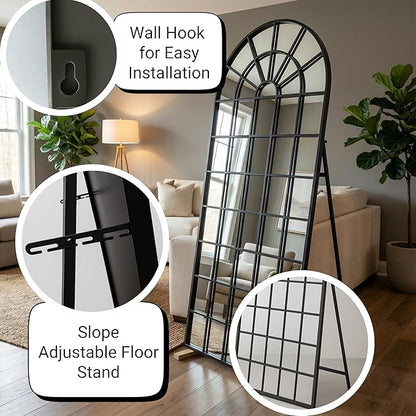 70x30Inch Large Arched Window Pane Mirror| Black Arched Mirrors for Wall & Floor | Arch Mirror Full Length for Entryway Living Room & Bedroom | Oversized Mirrors | Wall Art Decorative |Farmhouse Décor