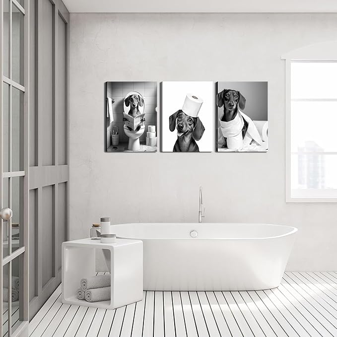 Funny Dachshund Dog Wall Art Set of 3, Dachshund Bathroom Wall Decor Paintings, Black and White Dog Pictures Animal Canvas Posters Prints for Bathroom Restroom Home Decor Framed 12x16 Inch