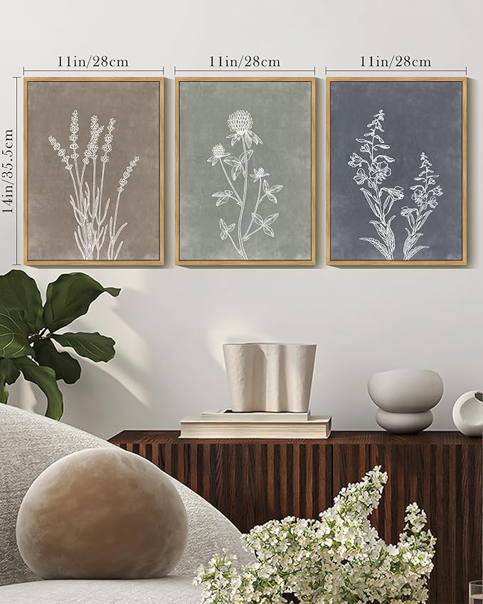 Drsoum Vintage Boho Flower Wall Art Framed Retro Botanical Floral Wall Prints Wildflower Neutral Rustic Bohemain Artwork Bedroom Ready to Hang 11x14in Natural Framed