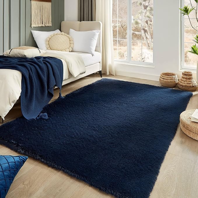 Floralux 6x9 Area Rug Living Room Rugs, Dark Blue, Ultra Soft Fluffy Furry Carpet for Bedroom, Non-Slip Indoor Floor Carpets for Kids Boys Girls Dorm, Nursery, Home Decor Aesthetic