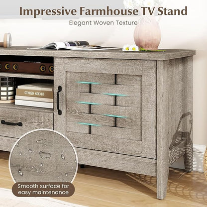 Giantex Farmhouse TV Stand for 65 Inch TVs, 59" Wood Entertainment Center with 2 Woven Accent Doors, Storage Drawer & 3 Adjustable Shelves, Media Console Table for Living Room, Bedroom (Rustic Oak)