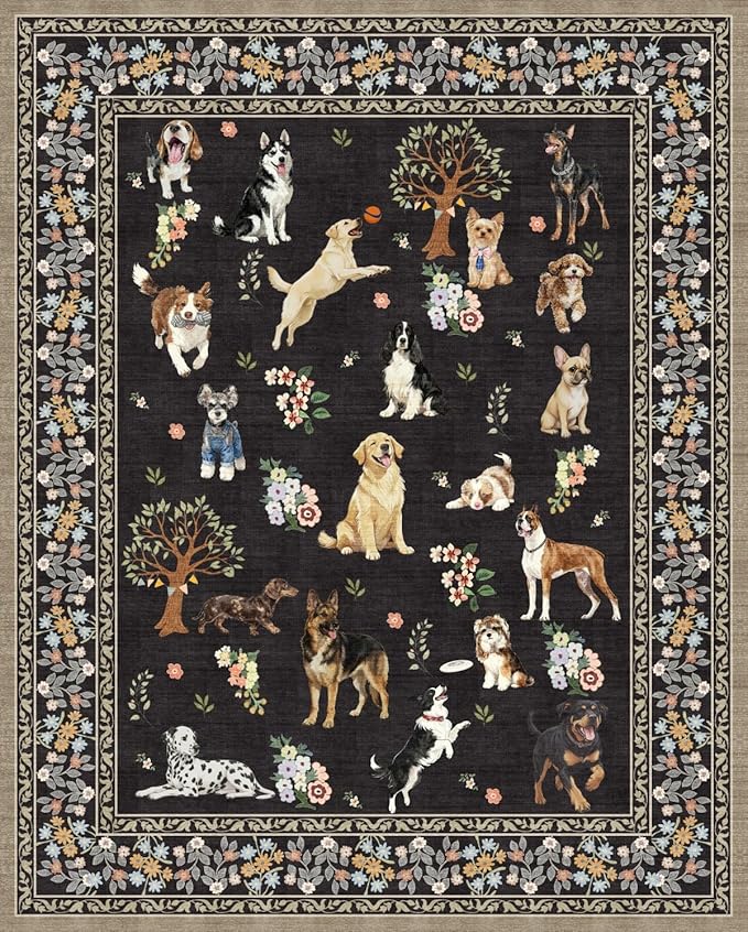 Black Dogs Area Rugs 9x12 Living Room Washable Rug Non Slip Floral Low Pile Large Rug for Living Room, Bedroom, Farmhouse, Dining Room, Kids Playroom