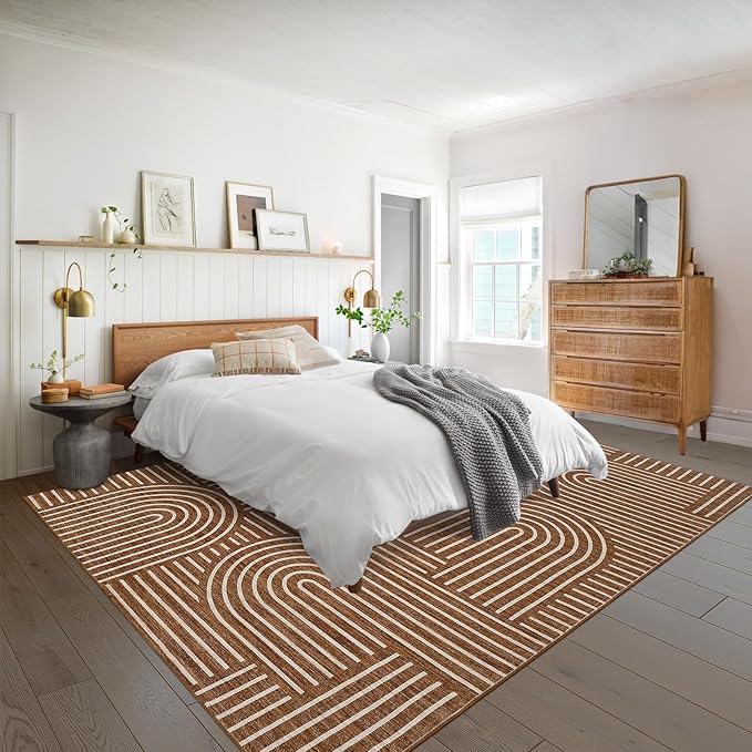 ROYHOME Washable Rug 8x10 Area Rugs for Living Room, Abstract Rug for Bedroom, Soft Rainbow Non Slip Throw Rugs With Rubber Back, Low Pile Stain Resistant Boho Geometric Carpet for Dining Room, Copper