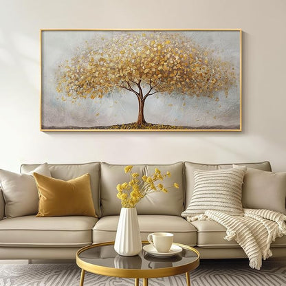 Large Framed Tree of Life Gold Wall Art, Large Canvas Prints Paintings Artwork for Walls, Modern Luxury Golden Big Tree Pictures for Living Room Fireplace Bedroom Kitchen Dining Room Office Wall Decor