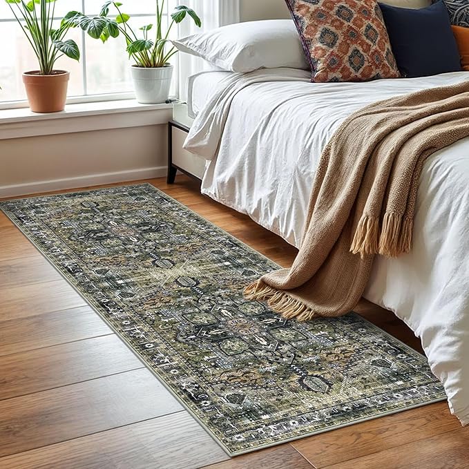 KOZYFLY Runners for Hallways 2x6 Ft Washable Kitchen Runner Rug Boho Runner Rug for Entryway Indoor Printed Oriental Faux Wool Floor Carpet Runner for Bedroom Kitchen Hall, Moss Green/Olive Grove