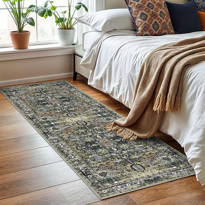 KOZYFLY Runners for Hallways 2x6 Ft Washable Kitchen Runner Rug Boho Runner Rug for Entryway Indoor Printed Oriental Faux Wool Floor Carpet Runner for Bedroom Kitchen Hall, Moss Green/Olive Grove