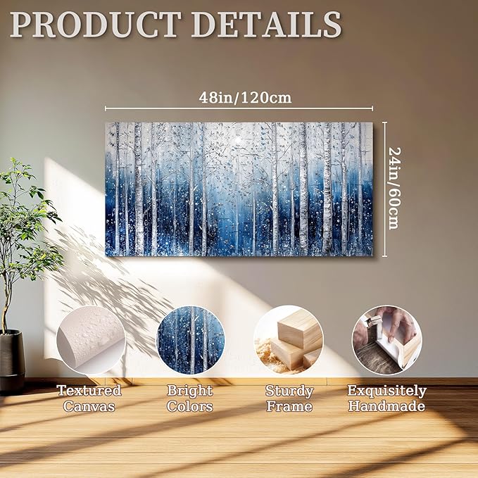 SERIMINO Birch Tree Landscape Wall Art, Abstract Forest Large Artwork for Walls, Modern Blue Aesthetic Canvas Prints, Nature Plant Trunk Wall Decor Living Room Bedroom Bathroom Kitchen 24"X48"
