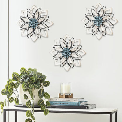 Remenna Metal Flowers Wall Decor, Metal Rustic Wall Art Decoration Farmhouse Wall Decorations Multiple Floral Hanging Decor for Bathroom Living Room Home Office Garden Kitchen (white & blue)
