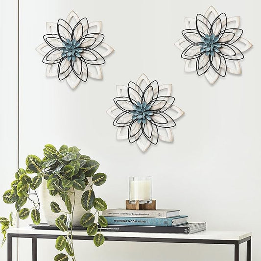 Remenna Metal Flowers Wall Decor, Metal Rustic Wall Art Decoration Farmhouse Wall Decorations Multiple Floral Hanging Decor for Bathroom Living Room Home Office Garden Kitchen (white & blue)