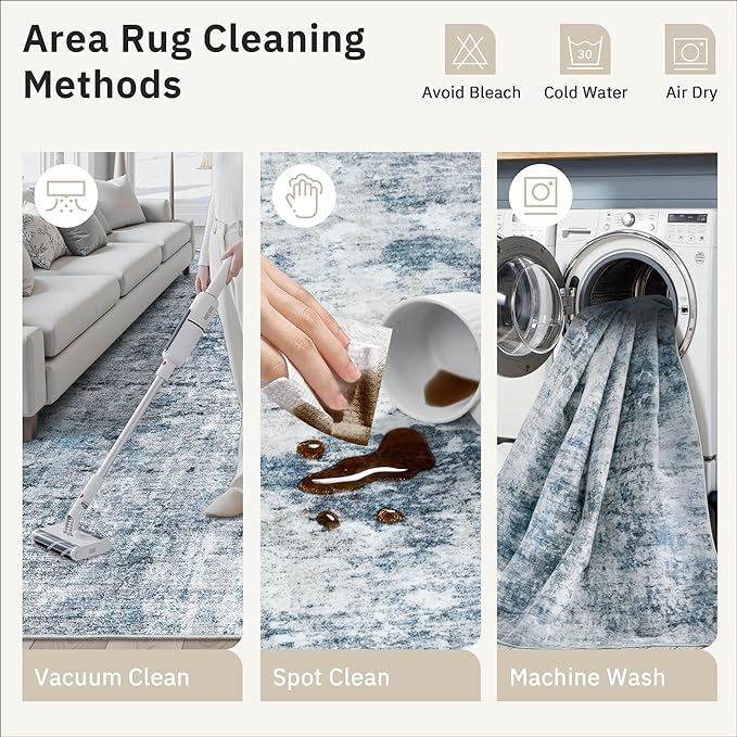 Soalmost 8x8 Blue/Grey Round Rug 8ft Living Room Circle Rug Vintage Round Area Rug Non Slip Indoor Carpet for Apartment
