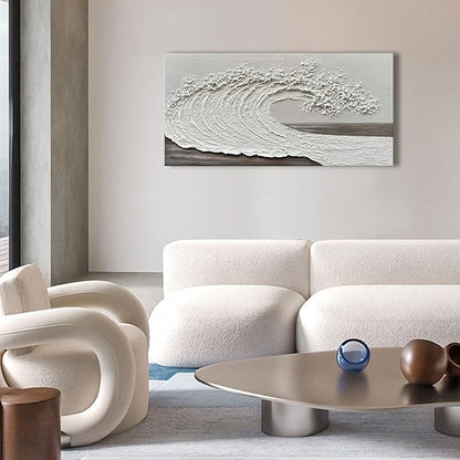 NANKAI Art 24x48 inch Hand-Painted 3D Ocean Waves Oil Painting Natural Scenery White Abstract Canvas Art Mural