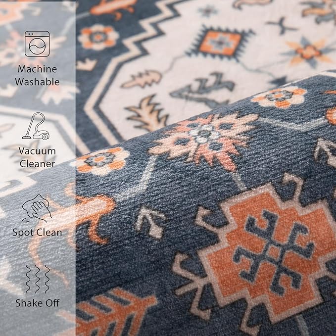 Tangsoo Washable 5x7 Area Rug for Living Room,Vintage Large Rugs Print Distressed Floral Carpet,Blue Beige Low Pile Foldable Floor Rug for Bedroom Dining Room Home Office Decor