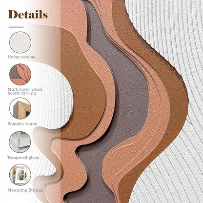 BrightA 5-Layer Wood ReliefWooden Wall Art Fluid Curves in Warm Brown & Ash Grey with Linear Grain Background, Framed in Solid Wood & Tempered Glass for Contemporary Walls 27.5"x39.4"