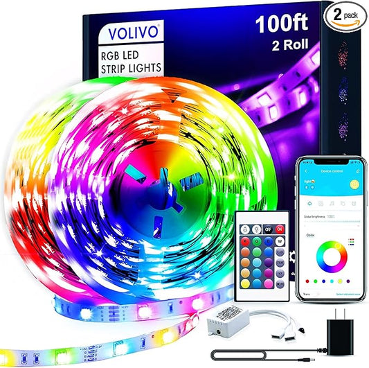 VOLIVO 100ft Led Strip Lights for Bedroom, Color Changing Led Light Strips Kit with Bluetooth App Control and IR Remote, RGB Music Sync Lighting for Room, Home Decor