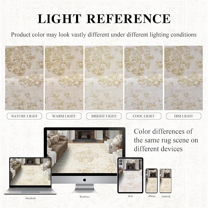 8x10 Vintage Washable Area Rugs Boho Medallion Large Distressed Retro Accent Carpet Floral Non-Slip Soft Low Pile Indoor Throw Rug for Living Room Bedroom Dining Room Office Kitchen, Beige