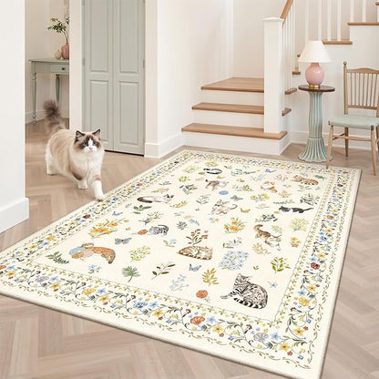Soalmost Cat 4x6 Area Rugs, Machine Washable Animal Floral Accent Rug Non-Slip Low Pile Soft Throw Rugs for Entryway Kitchen Bedside Living Room Bedroom Nursery Playroom (4 x 6,Beige)