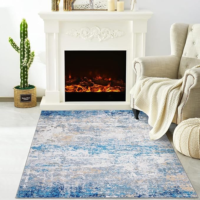 ROYHOME Modern Abstract 2x3 Area Rug Non Slip Non Shedding Low Pile Stain Resistant Rug for Entryway Kitchen Bedroom,Blue/Grey