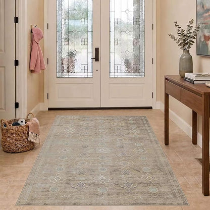 Rugxara 3x5 Rug for Entryway Bedroom, Beige 3x5 Washable Area Rug, Vintage Retro Boho Throw Rug, Non Slip & Low Pile Small Carpet for Indoor Entry, Kitchen, Bedside, Living Room, Bathroom and Dining