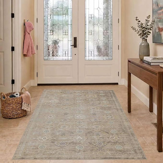 Rugxara 3x5 Rug for Entryway Bedroom, Beige 3x5 Washable Area Rug, Vintage Retro Boho Throw Rug, Non Slip & Low Pile Small Carpet for Indoor Entry, Kitchen, Bedside, Living Room, Bathroom and Dining